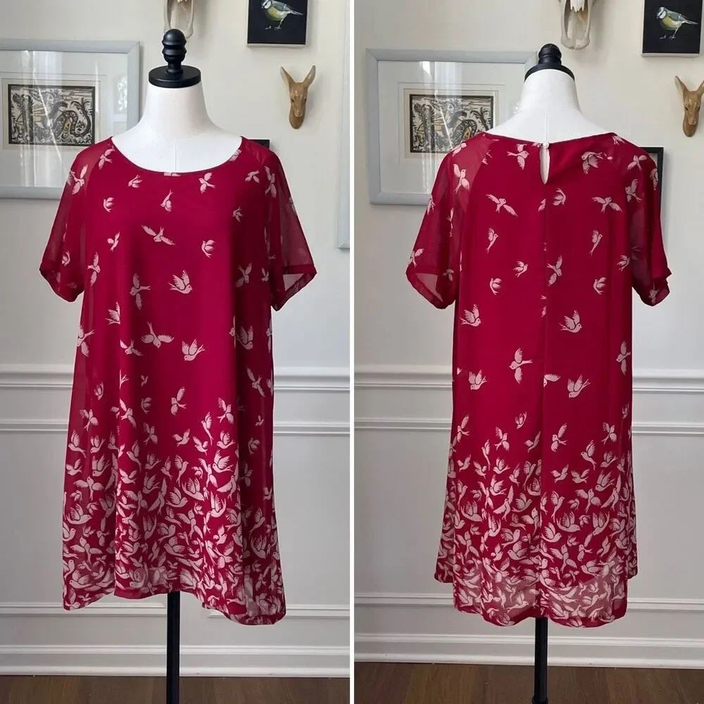 Rising International Red Shift Dress Chiffon Bird Print XL